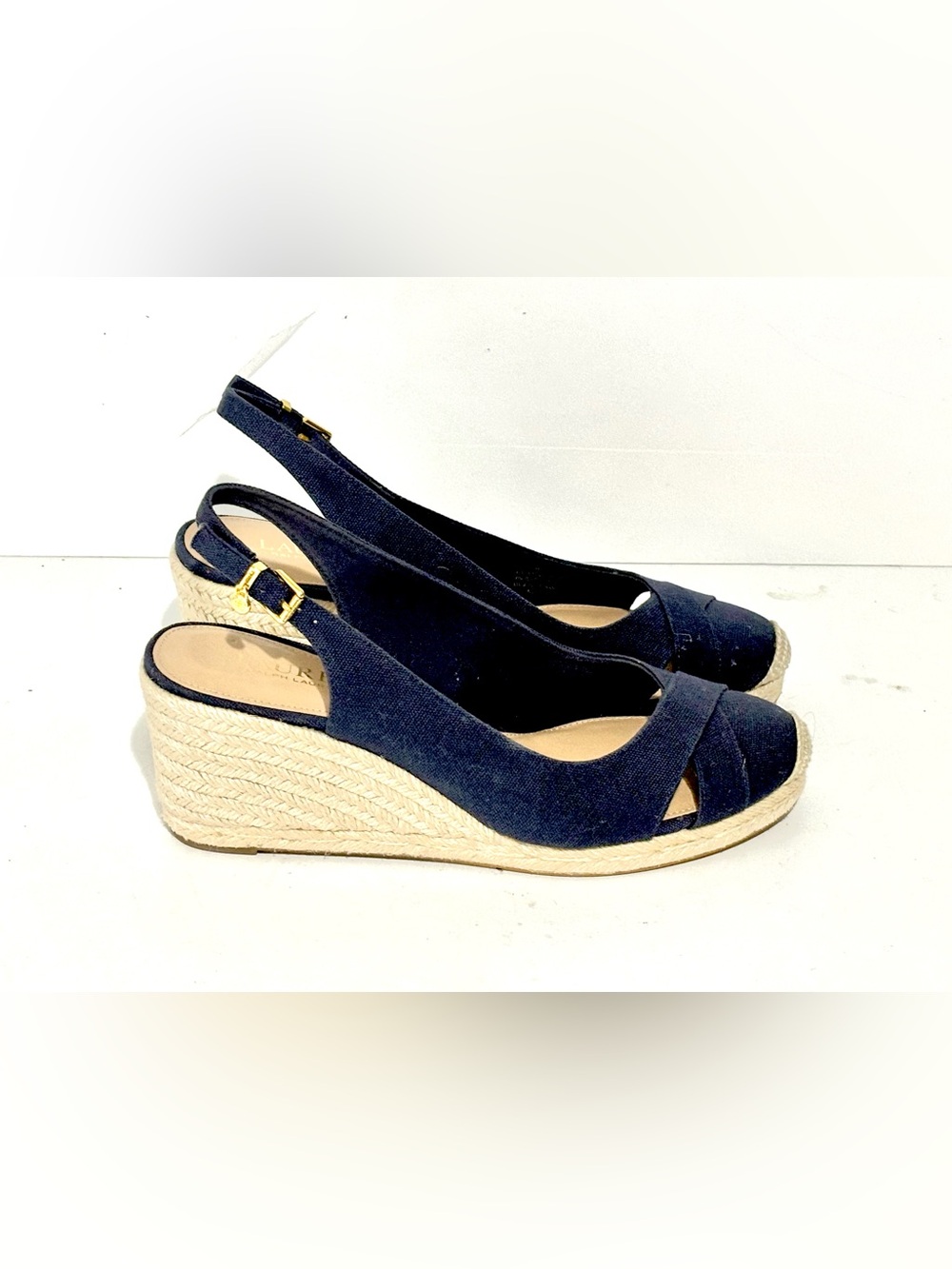 Ralph Lauren Navy Gold Canvas Espadrille Wedge Slingback Size 9 EUC - Picture 2 of 10
